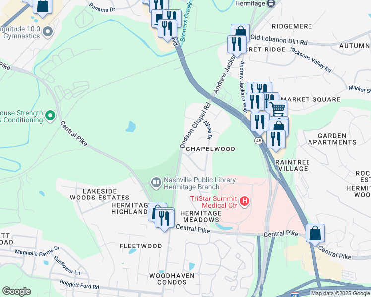 map of restaurants, bars, coffee shops, grocery stores, and more near 4153 Dodson Chapel Road in Nashville