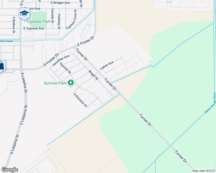 map of restaurants, bars, coffee shops, grocery stores, and more near 3074 Bright Street in Tulare