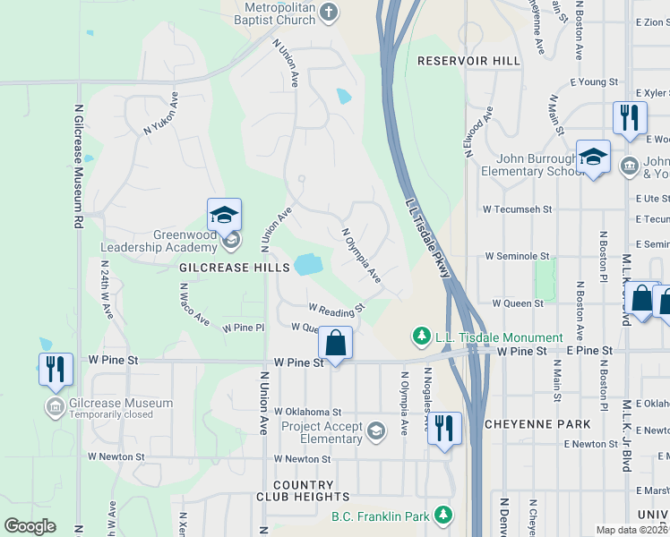 map of restaurants, bars, coffee shops, grocery stores, and more near 1130 West Seminole Place in Tulsa