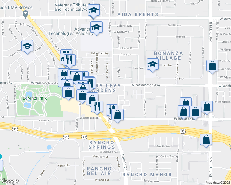 map of restaurants, bars, coffee shops, grocery stores, and more near 2305 Pearson Court in Las Vegas