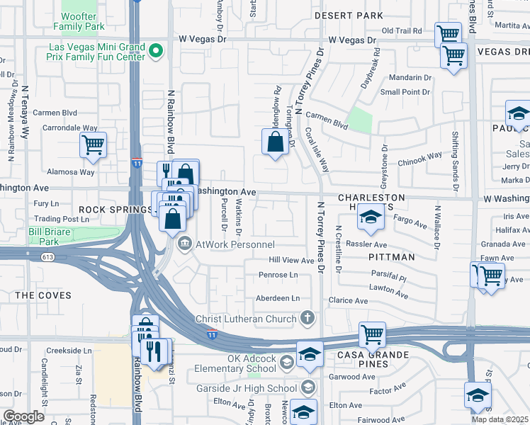 map of restaurants, bars, coffee shops, grocery stores, and more near 6444 Candlebrush Lane in Las Vegas