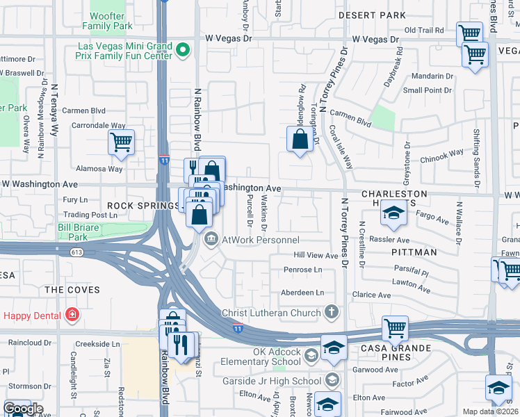 map of restaurants, bars, coffee shops, grocery stores, and more near 705 Purcell Drive in Las Vegas