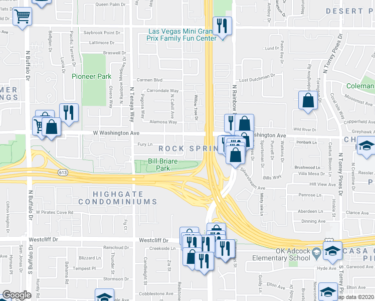 map of restaurants, bars, coffee shops, grocery stores, and more near 701 Rock Springs Drive in Las Vegas