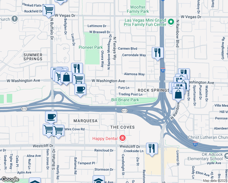 map of restaurants, bars, coffee shops, grocery stores, and more near 751 North Tenaya Way in Las Vegas