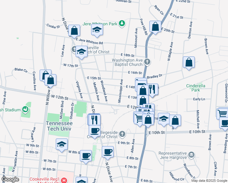 map of restaurants, bars, coffee shops, grocery stores, and more near 256 East 13th Street in Cookeville