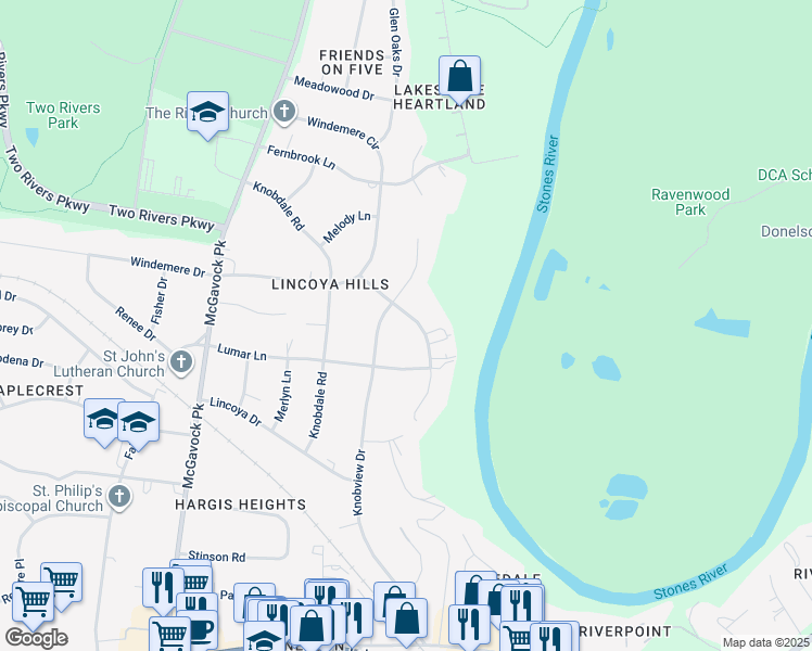 map of restaurants, bars, coffee shops, grocery stores, and more near 3125 Hunters Hill Road in Nashville