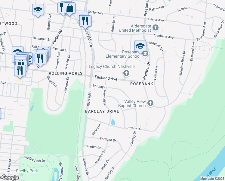 map of restaurants, bars, coffee shops, grocery stores, and more near 2404 Barclay Drive in Nashville