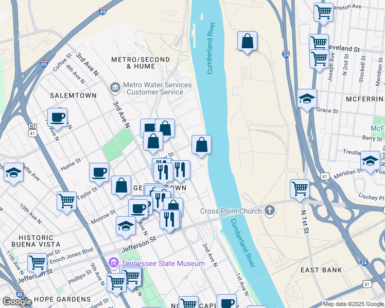 map of restaurants, bars, coffee shops, grocery stores, and more near 1317 Adams Street in Nashville