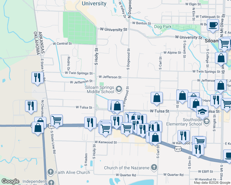 map of restaurants, bars, coffee shops, grocery stores, and more near 1500 West Jefferson Street in Siloam Springs