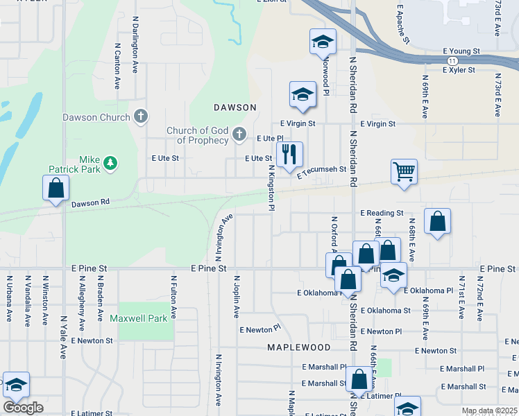 map of restaurants, bars, coffee shops, grocery stores, and more near 1706 North Kingston Place in Tulsa