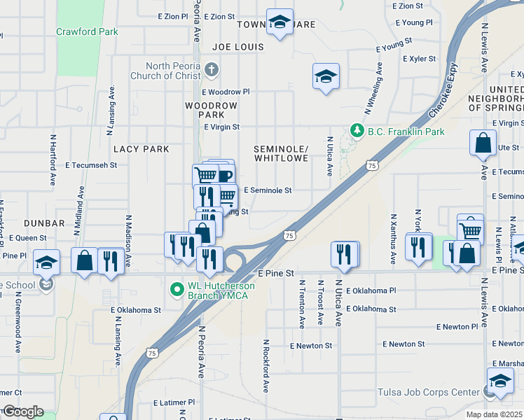 map of restaurants, bars, coffee shops, grocery stores, and more near 1507 East Reading Street in Tulsa