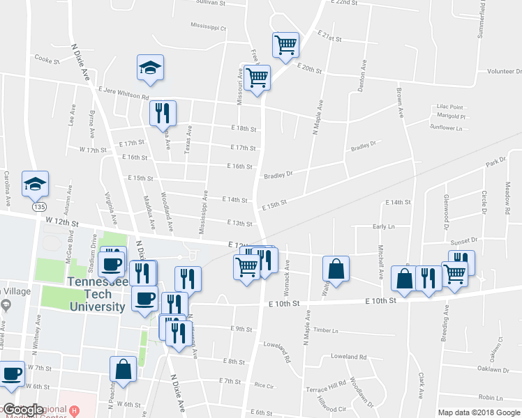 map of restaurants, bars, coffee shops, grocery stores, and more near 1401 North Washington Avenue in Cookeville