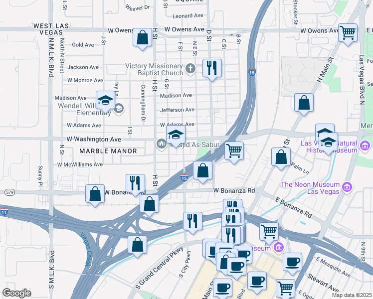 map of restaurants, bars, coffee shops, grocery stores, and more near 816 F Street in Las Vegas