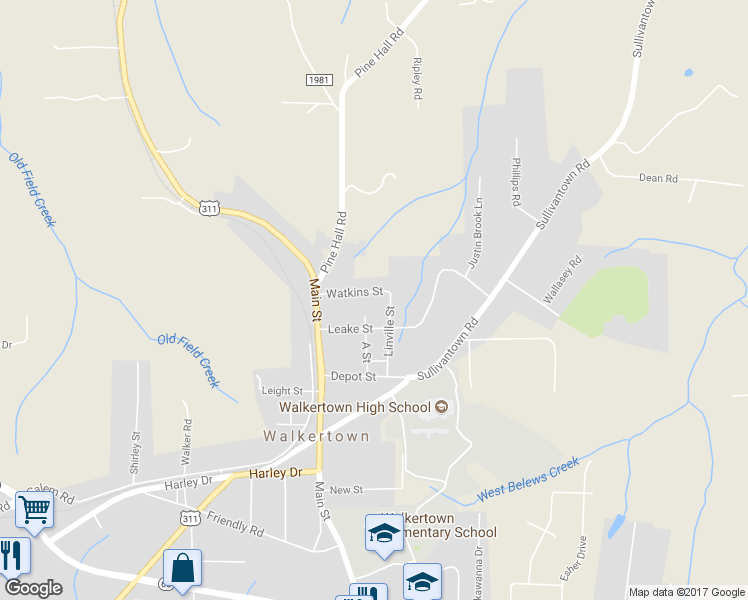 map of restaurants, bars, coffee shops, grocery stores, and more near 3774 Watkins Street in Walkertown