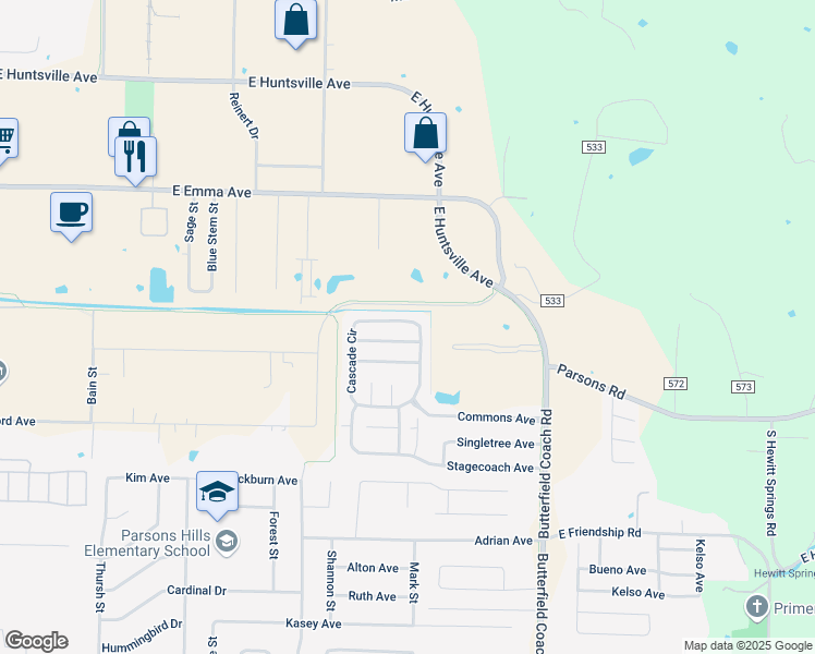 map of restaurants, bars, coffee shops, grocery stores, and more near 710 Cascade Circle in Springdale