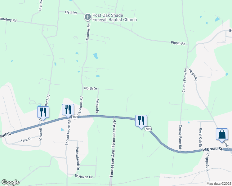 map of restaurants, bars, coffee shops, grocery stores, and more near 2100 North Drive in Cookeville