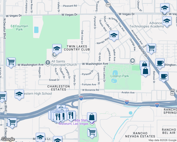 map of restaurants, bars, coffee shops, grocery stores, and more near 3605 Apache Lane in Las Vegas