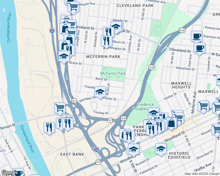 map of restaurants, bars, coffee shops, grocery stores, and more near 1659 Treutlan Place in Nashville