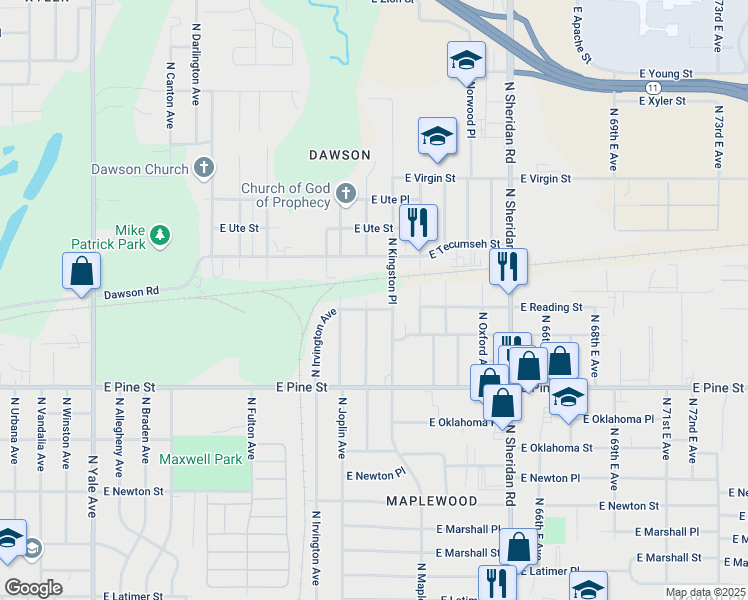 map of restaurants, bars, coffee shops, grocery stores, and more near 1706 North Kingston Place in Tulsa