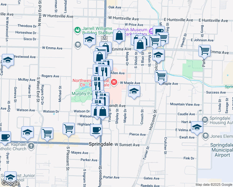 map of restaurants, bars, coffee shops, grocery stores, and more near 609 West Maple Avenue in Springdale
