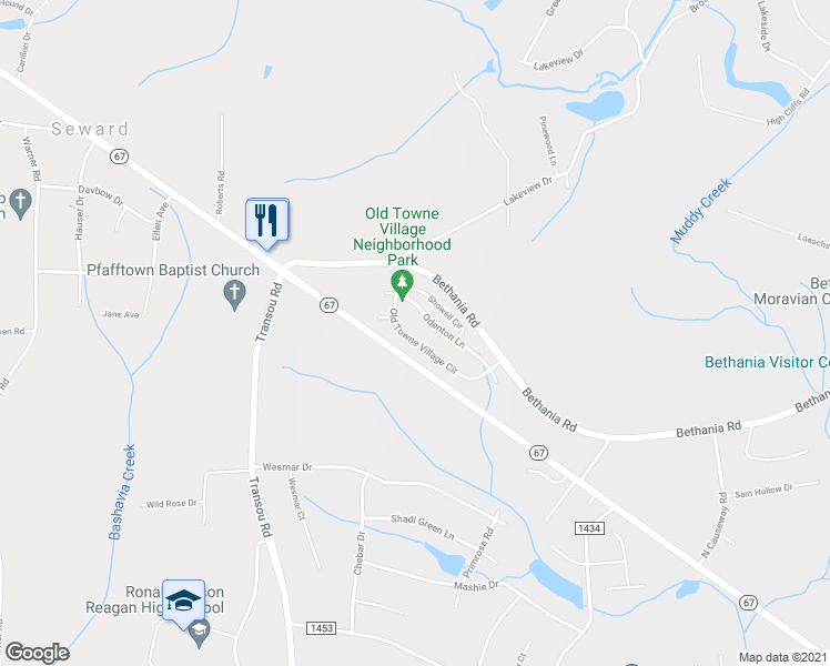 map of restaurants, bars, coffee shops, grocery stores, and more near 4923 Old Towne Village Circle in Pfafftown