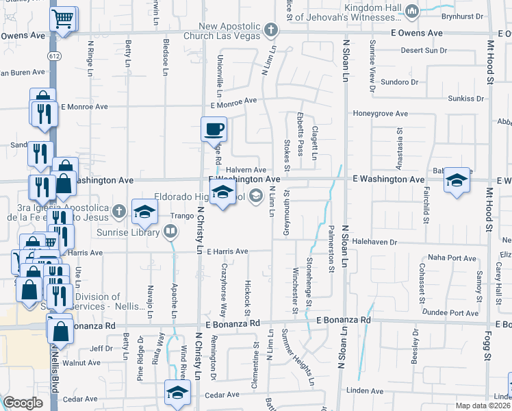 map of restaurants, bars, coffee shops, grocery stores, and more near 1139 North Linn Lane in Las Vegas