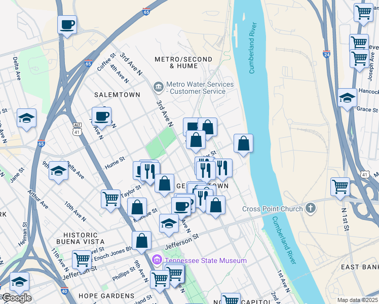 map of restaurants, bars, coffee shops, grocery stores, and more near 1410 3rd Avenue North in Nashville