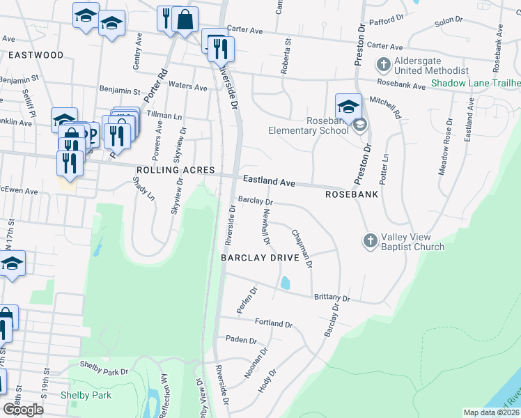 map of restaurants, bars, coffee shops, grocery stores, and more near 2308 Barclay Drive in Nashville