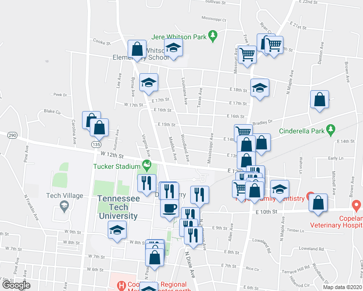 map of restaurants, bars, coffee shops, grocery stores, and more near 1310 Woodland Avenue in Cookeville