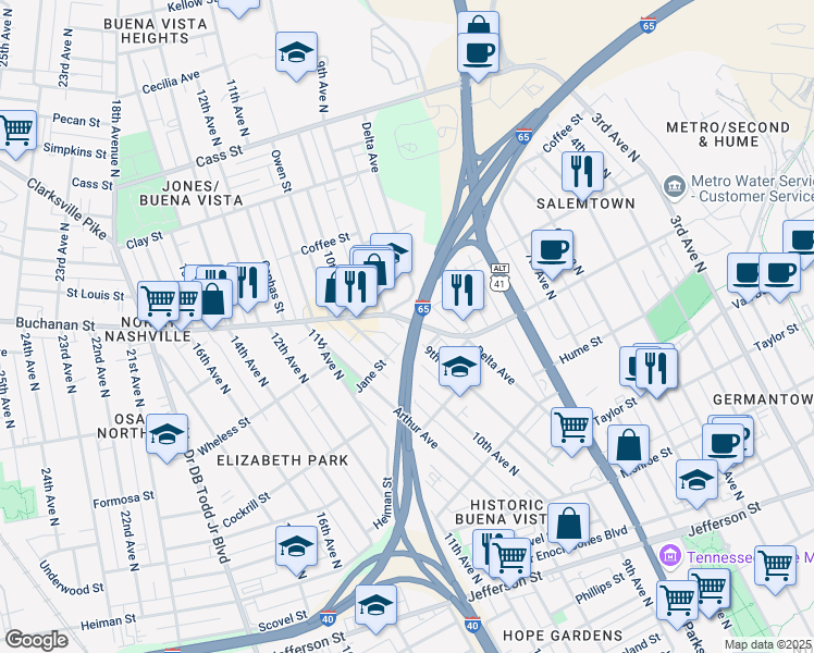 map of restaurants, bars, coffee shops, grocery stores, and more near 1712 9th Avenue North in Nashville