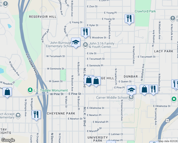map of restaurants, bars, coffee shops, grocery stores, and more near 1712 North Cincinnati Place in Tulsa
