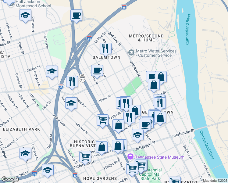 map of restaurants, bars, coffee shops, grocery stores, and more near 602C Hume Street in Nashville