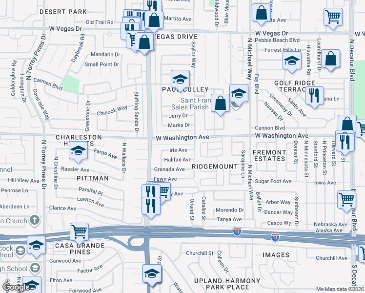 map of restaurants, bars, coffee shops, grocery stores, and more near 5816 Iris Avenue in Las Vegas