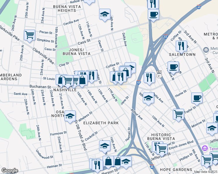 map of restaurants, bars, coffee shops, grocery stores, and more near 1721 11th Avenue North in Nashville