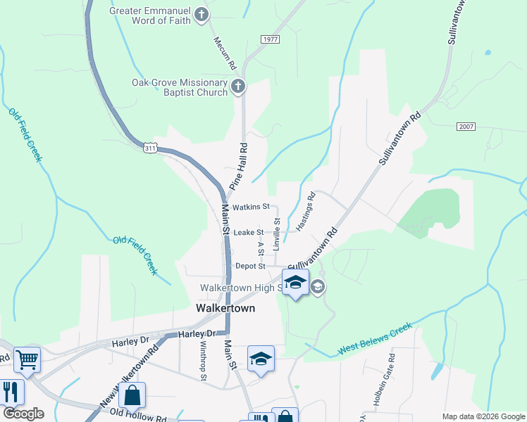 map of restaurants, bars, coffee shops, grocery stores, and more near 3760 Watkins Street in Walkertown