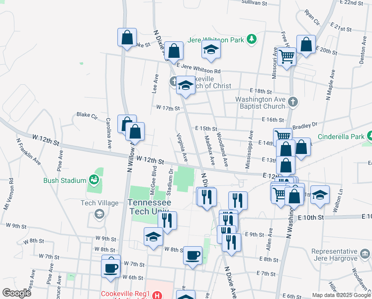 map of restaurants, bars, coffee shops, grocery stores, and more near 41 West 13th Street in Cookeville