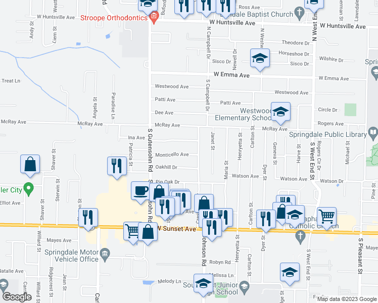 map of restaurants, bars, coffee shops, grocery stores, and more near 2004 Monticello Avenue in Springdale