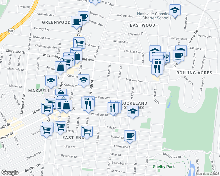 map of restaurants, bars, coffee shops, grocery stores, and more near 403 North 15th Street in Nashville