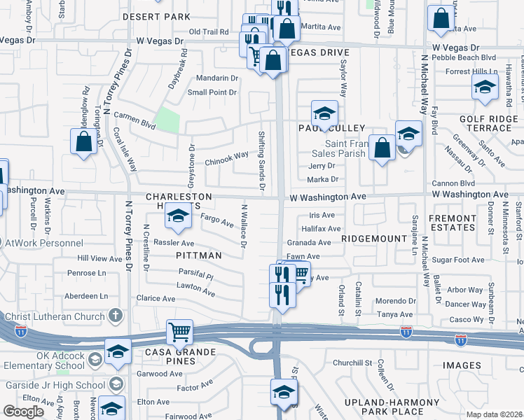 map of restaurants, bars, coffee shops, grocery stores, and more near 6116 Iris Circle in Las Vegas