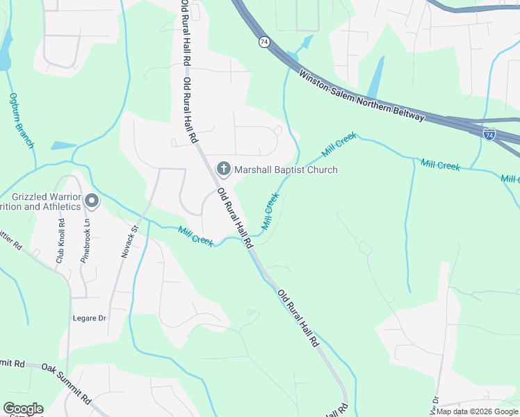 map of restaurants, bars, coffee shops, grocery stores, and more near 5711 Old Rural Hall Road in Winston-Salem