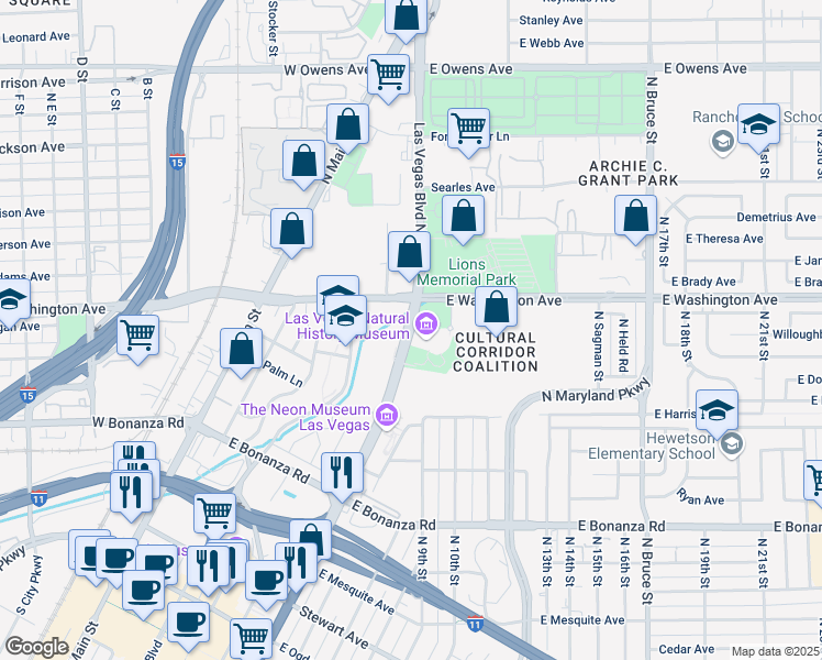 map of restaurants, bars, coffee shops, grocery stores, and more near 1438 Las Vegas Blvd N in Las Vegas