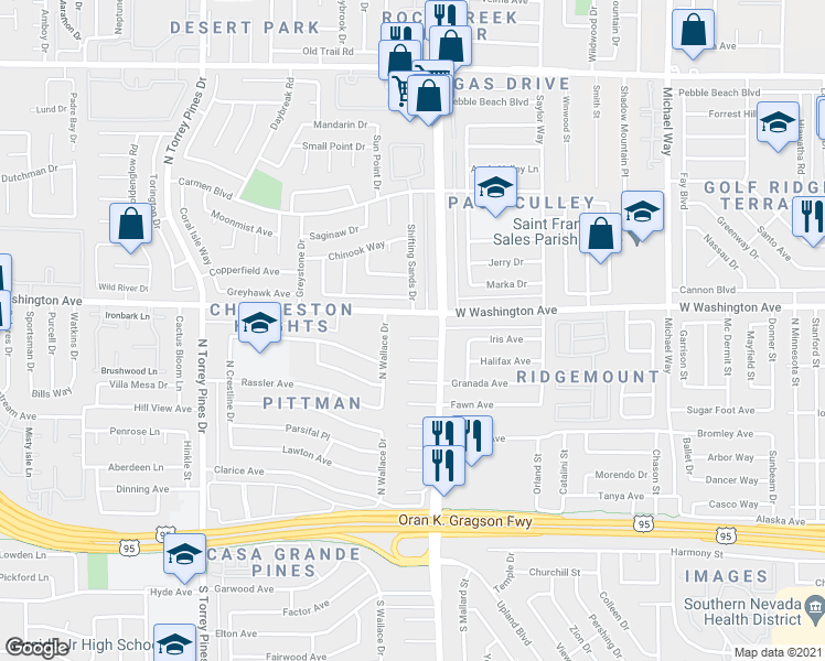map of restaurants, bars, coffee shops, grocery stores, and more near 6124 Iris Circle in Las Vegas