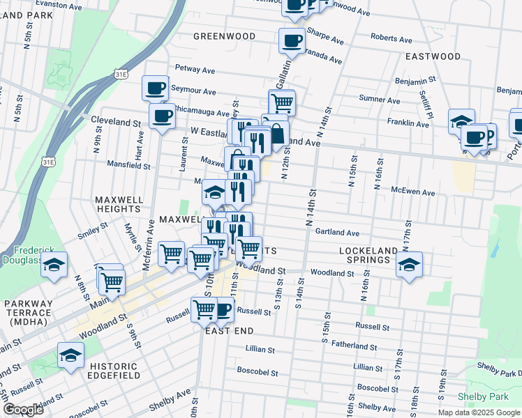 map of restaurants, bars, coffee shops, grocery stores, and more near 1201c North 12th Street in Nashville