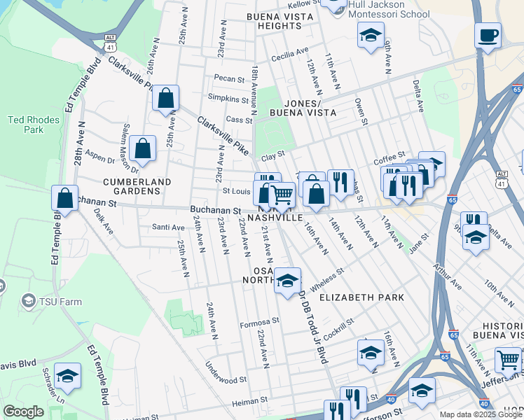 map of restaurants, bars, coffee shops, grocery stores, and more near 2107 Buchanan Street in Nashville
