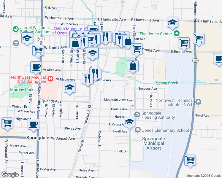 map of restaurants, bars, coffee shops, grocery stores, and more near 309 Robert Circle in Springdale