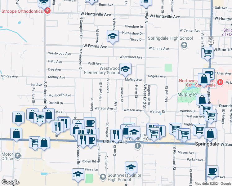 map of restaurants, bars, coffee shops, grocery stores, and more near 504 Dyer Street in Springdale