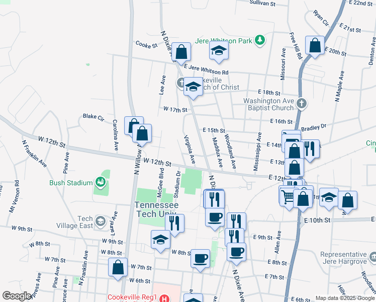map of restaurants, bars, coffee shops, grocery stores, and more near 1308 Virginia Avenue in Cookeville