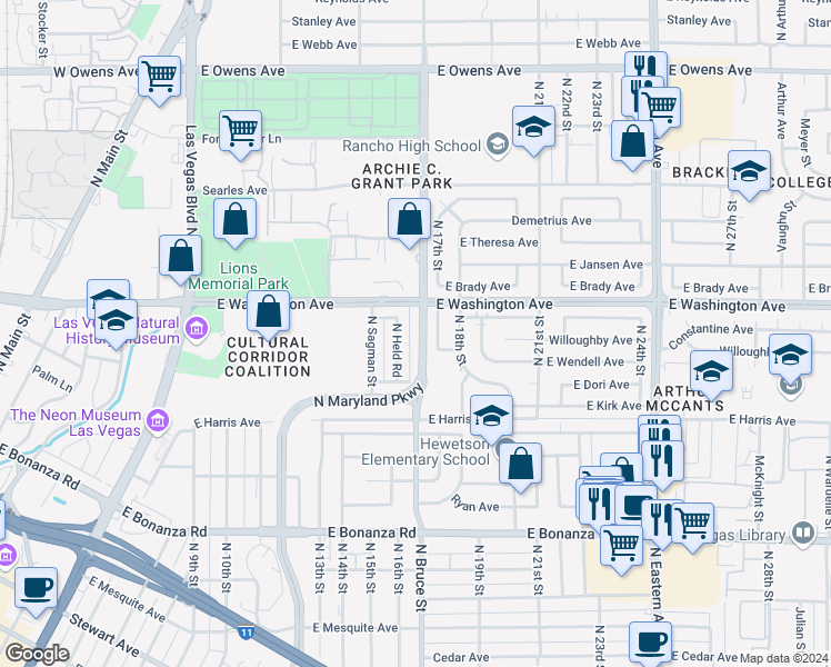 map of restaurants, bars, coffee shops, grocery stores, and more near 849 North Bruce Street in Las Vegas