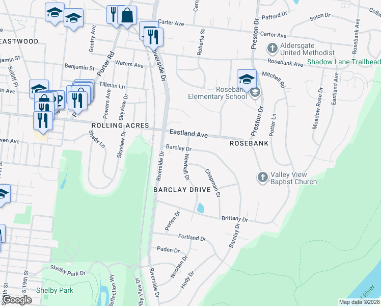 map of restaurants, bars, coffee shops, grocery stores, and more near 2308 Barclay Drive in Nashville