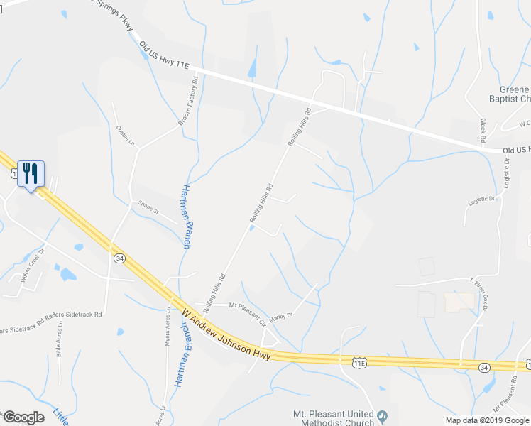 map of restaurants, bars, coffee shops, grocery stores, and more near 410 Rolling Hills Lane in Greeneville